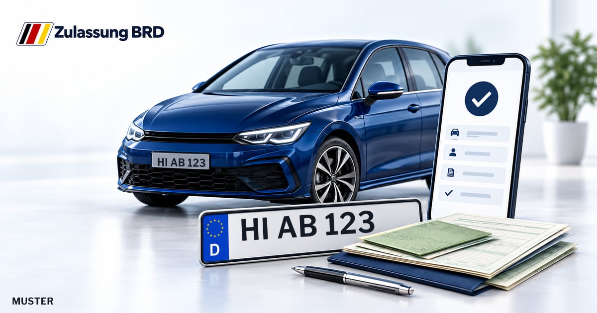 Online Fahrzeugzulassung in Bad Salzdetfurth: Musterkennzeichen HI AB 123, Auto und Fahrzeugpapiere und Smartphone. Illustration mit Logo von Zulassung BRD.
